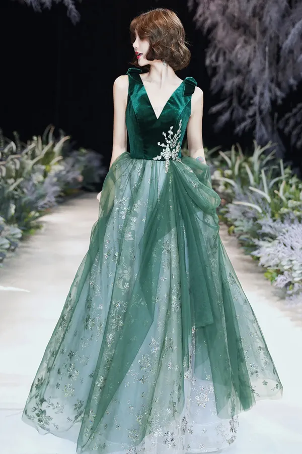 Green Velvet Tulle Long Prom Dresses, V Neck Green Evening Dresses KPP1930