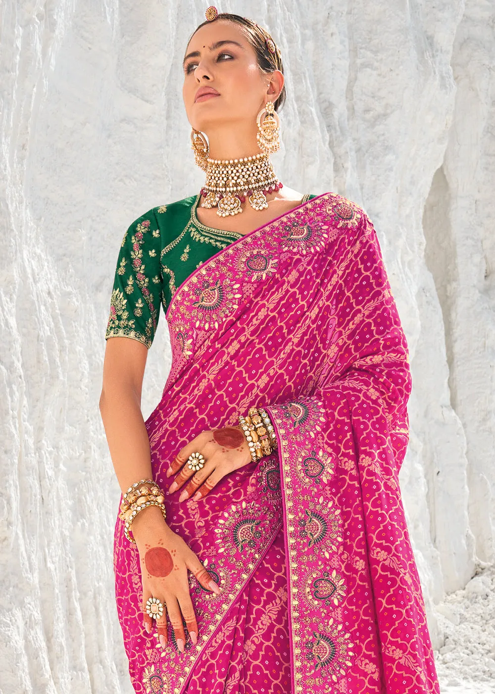Hot Pink Georgette Silk Saree Featuring Zari Weave, Bandhani, and Patola Design