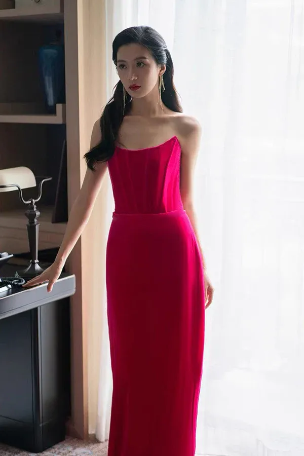 Hot Pink Velvet Long Party Prom Dresses With Slit, Strapless Evening Dresses KPP1975