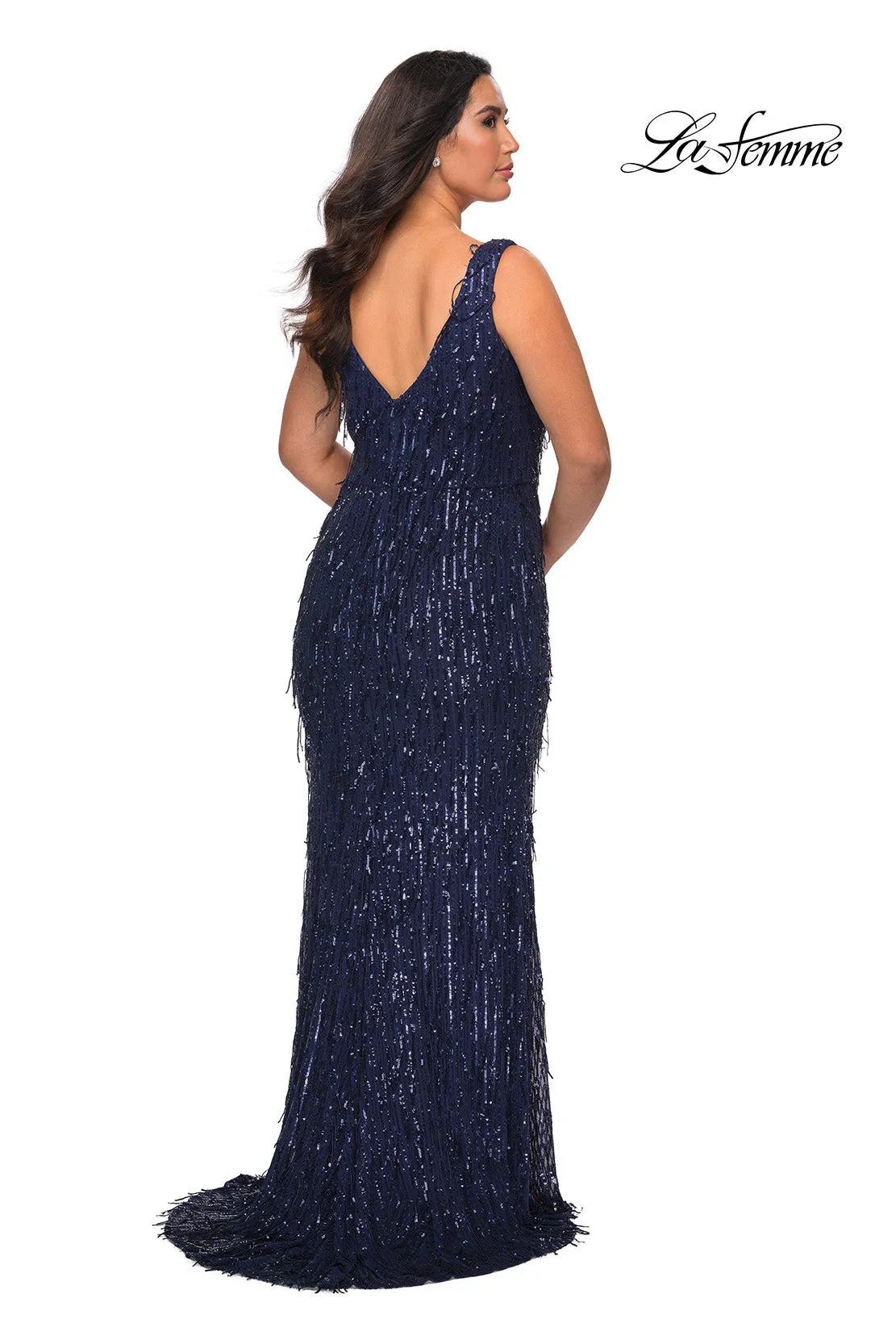 La Femme 28946 Plus Size Sequin Fringe V-Neck Gown
