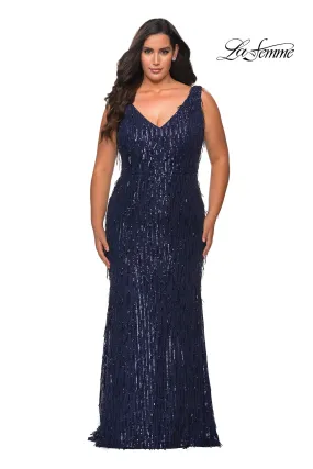 La Femme 28946 Plus Size Sequin Fringe V-Neck Gown