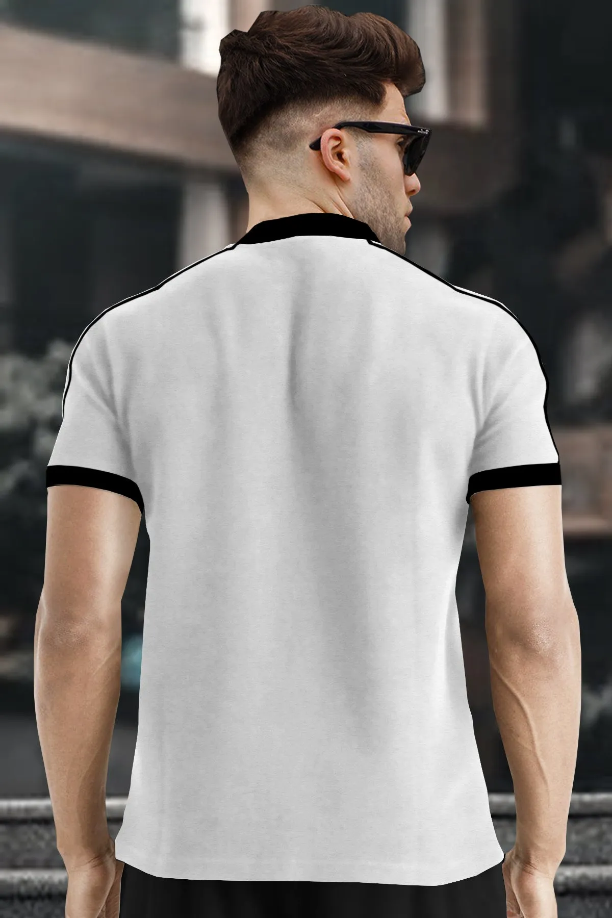 Mandarin Collar Grey - black contrast half sleeve T-Shirt