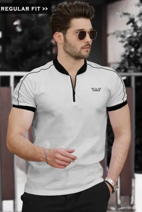 Mandarin Collar Grey - black contrast half sleeve T-Shirt