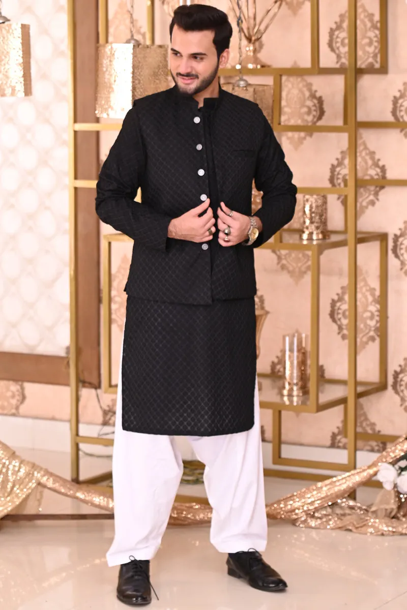 Black Mens Embroidered Waistcoat - Elegant and Stylish