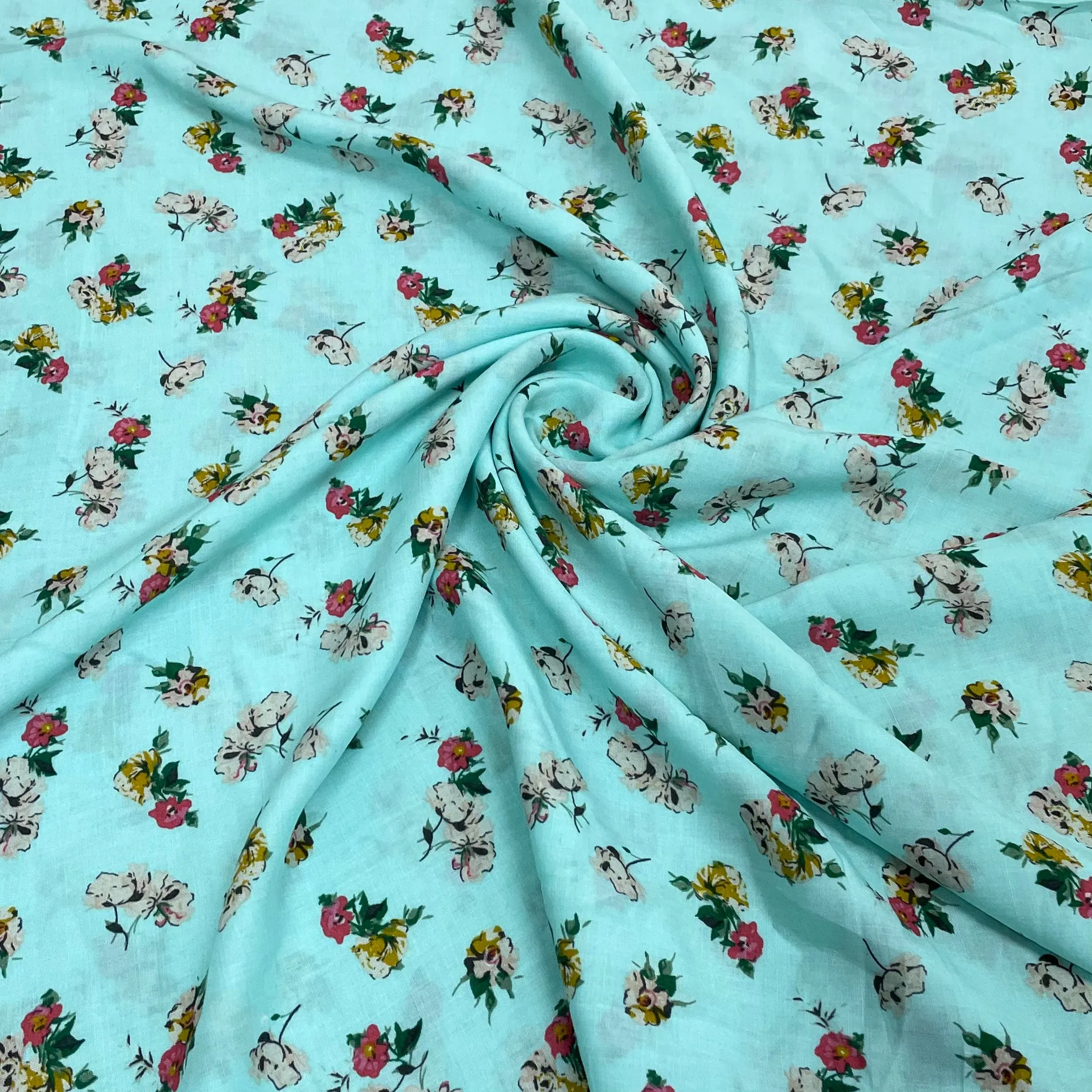 Ocean Blue Ditsy Floral Print Rayon Fabric