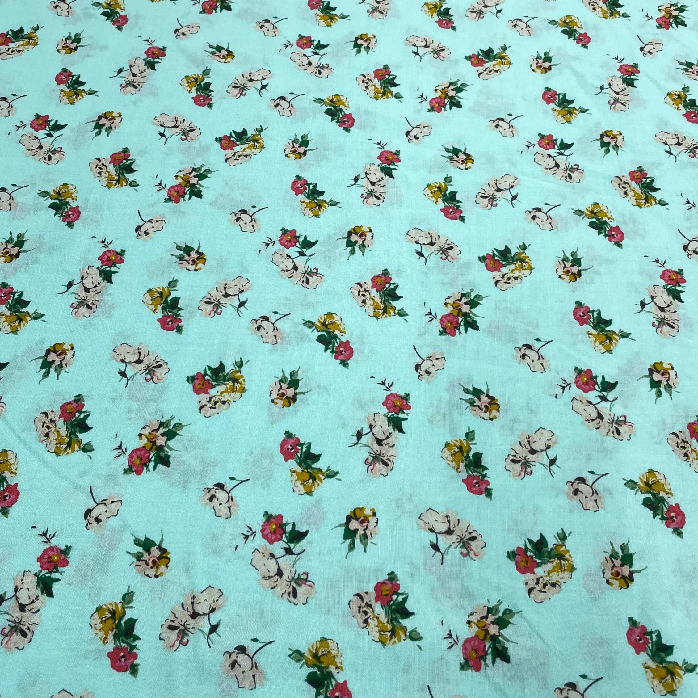 Ocean Blue Ditsy Floral Print Rayon Fabric