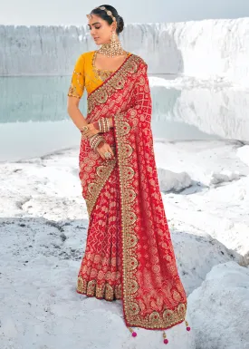 Persian Red Georgette Silk Saree Featuring Zari Weave, Bandhani, and Patola Design