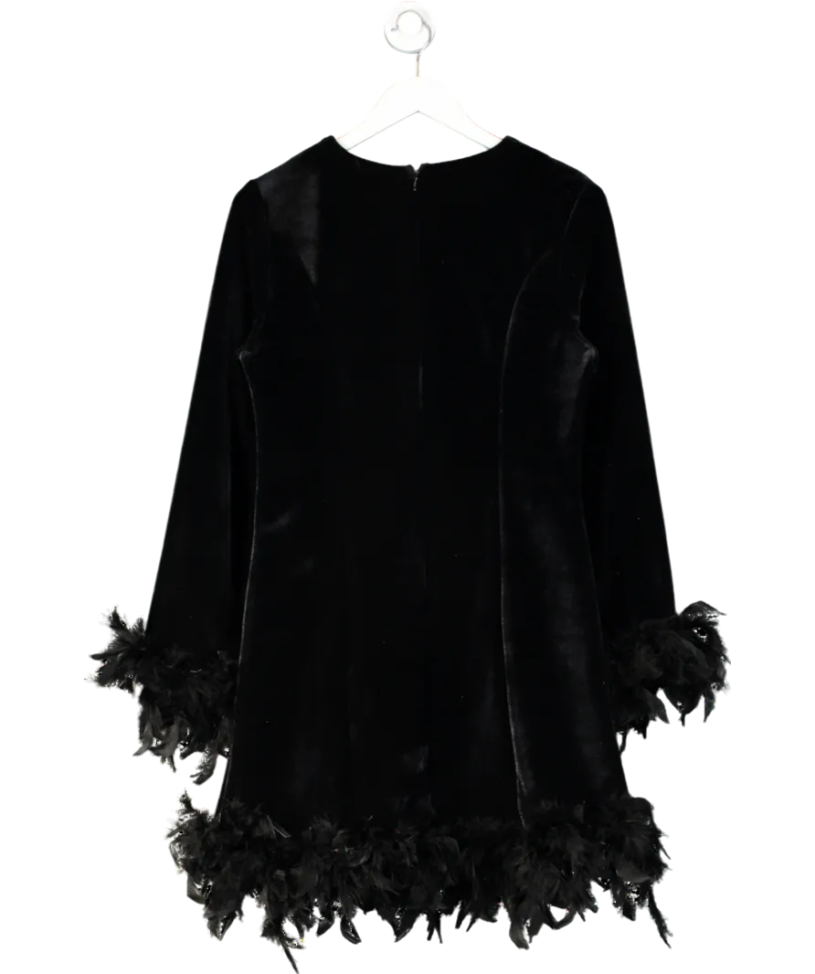 River Island Black Velvet Feathered Hem Dress UK 14