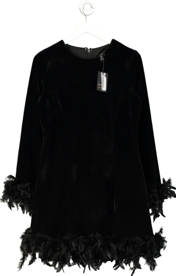 River Island Black Velvet Feathered Hem Dress UK 14