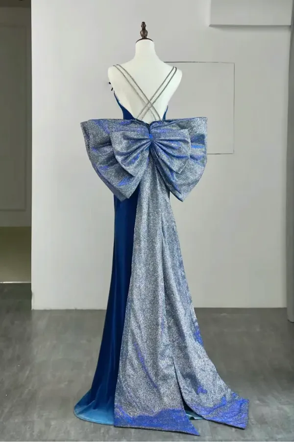 Simple Velvet Blue Mermaid Long Prom Dress, Backless Velvet Blue Evening Dress KPP1940