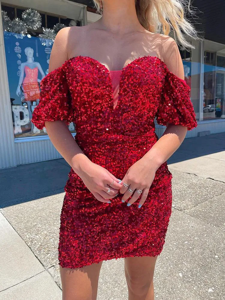 Sparkly Off the Shoulder Red Velvet Sequins Tight Homecoming Dresses VK0629001