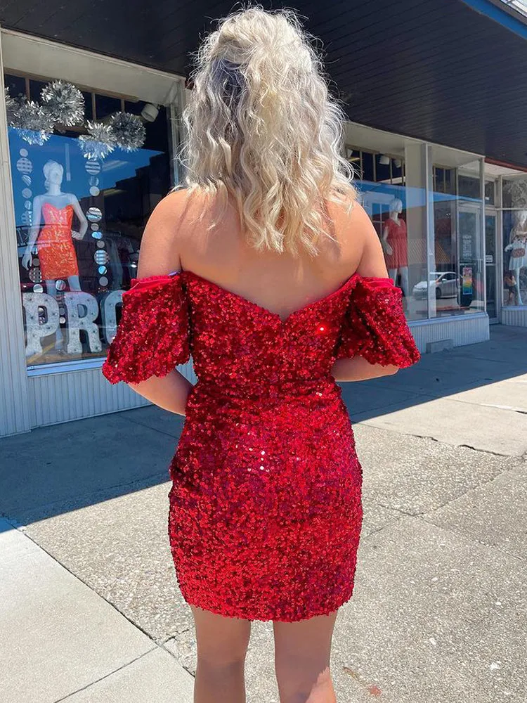 Sparkly Off the Shoulder Red Velvet Sequins Tight Homecoming Dresses VK0629001