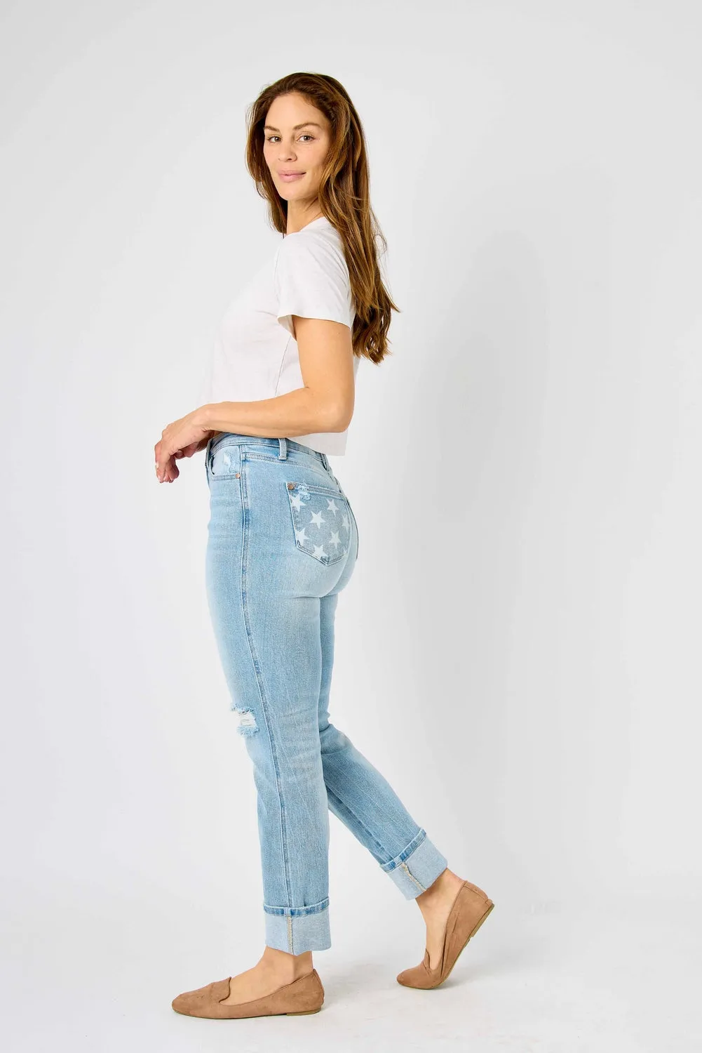 Star Mid Rise Americana Flag Cuff Boyfriend Jeans