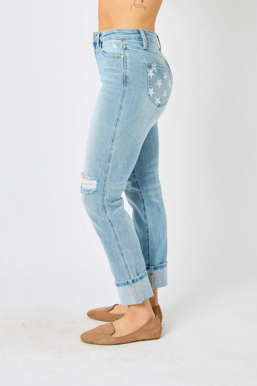 Star Mid Rise Americana Flag Cuff Boyfriend Jeans