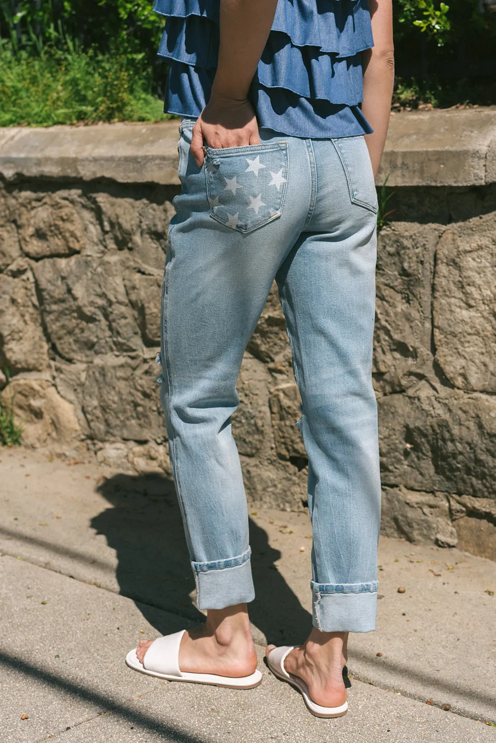 Star Mid Rise Americana Flag Cuff Boyfriend Jeans