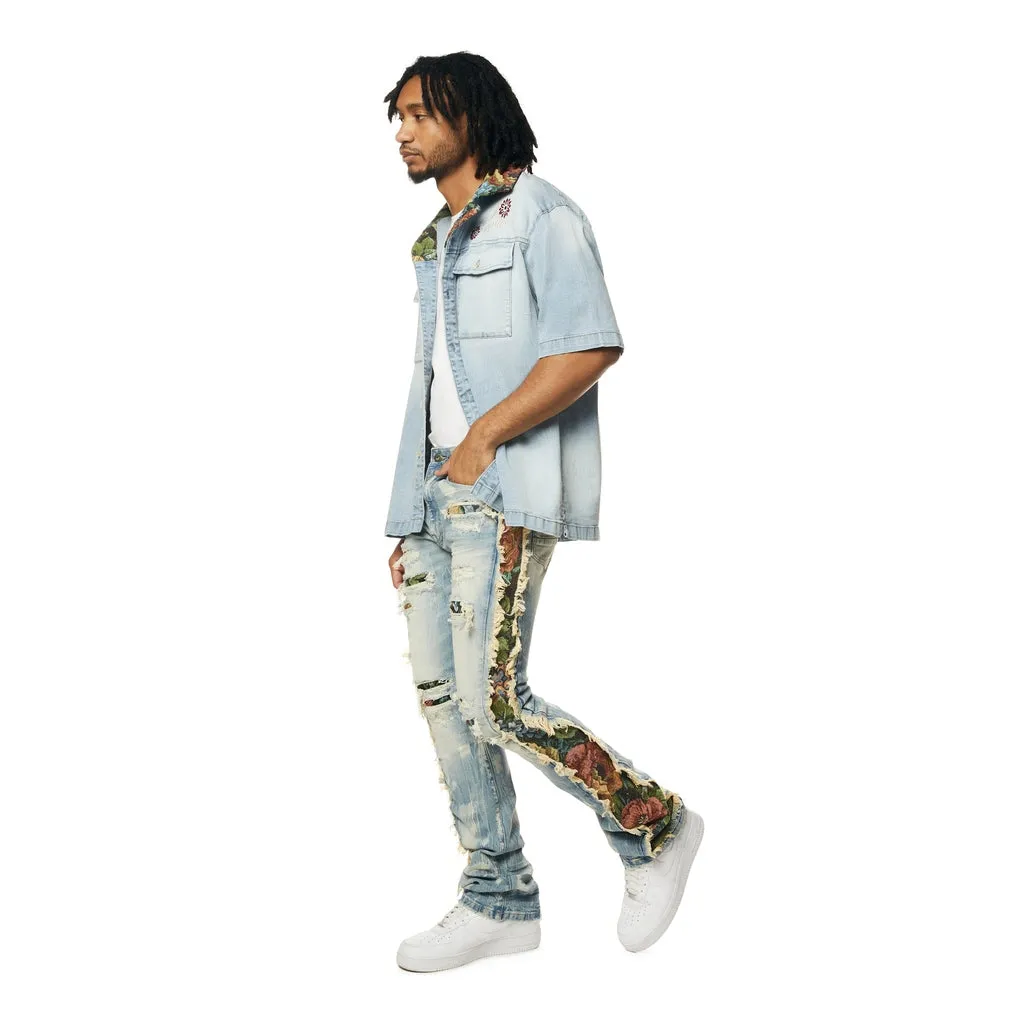 Tapestry Insert Stacked Denim Jeans - Lowell Blue