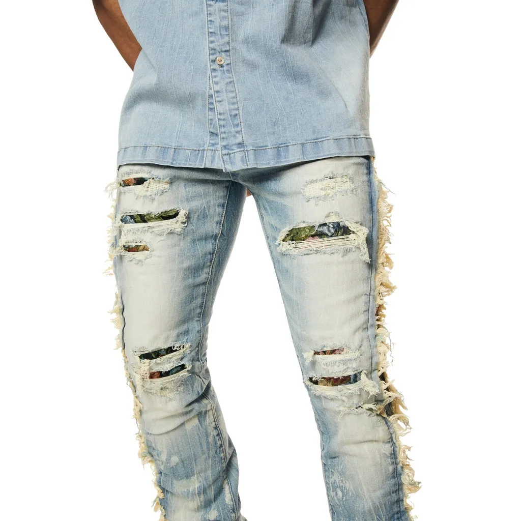 Tapestry Insert Stacked Denim Jeans - Lowell Blue