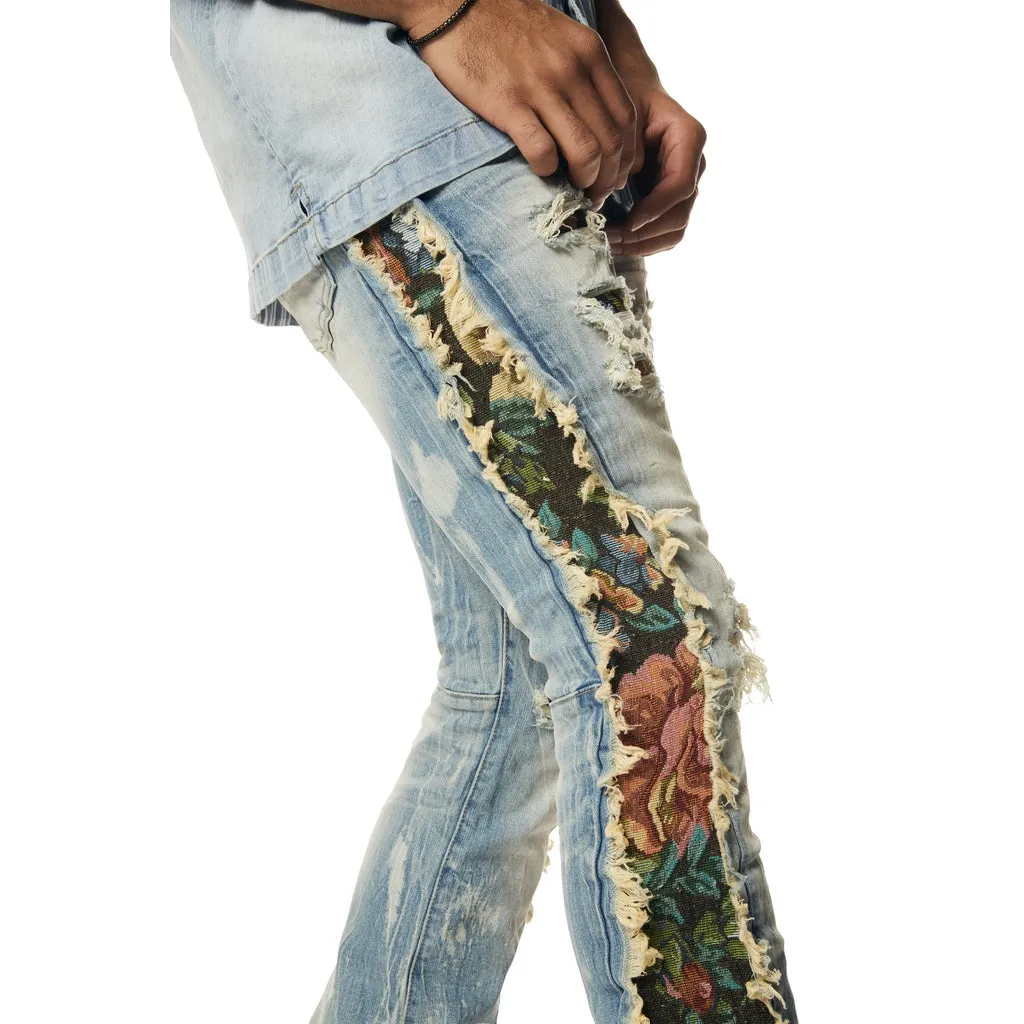 Tapestry Insert Stacked Denim Jeans - Lowell Blue
