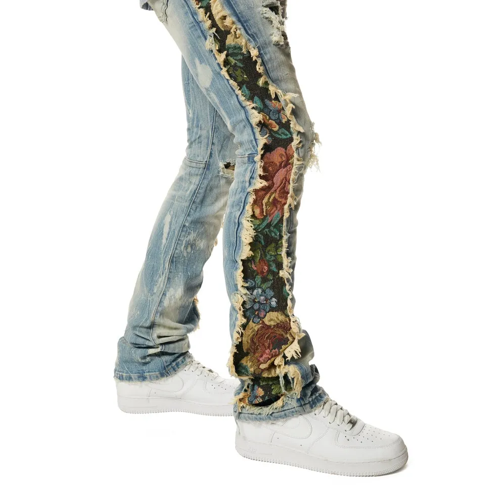 Tapestry Insert Stacked Denim Jeans - Lowell Blue