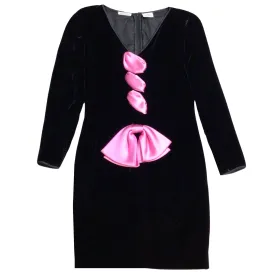 Valentino Boutique Vintage Black / Pink Satin Bow Detail Long Sleeved V-Neck Velvet Dress