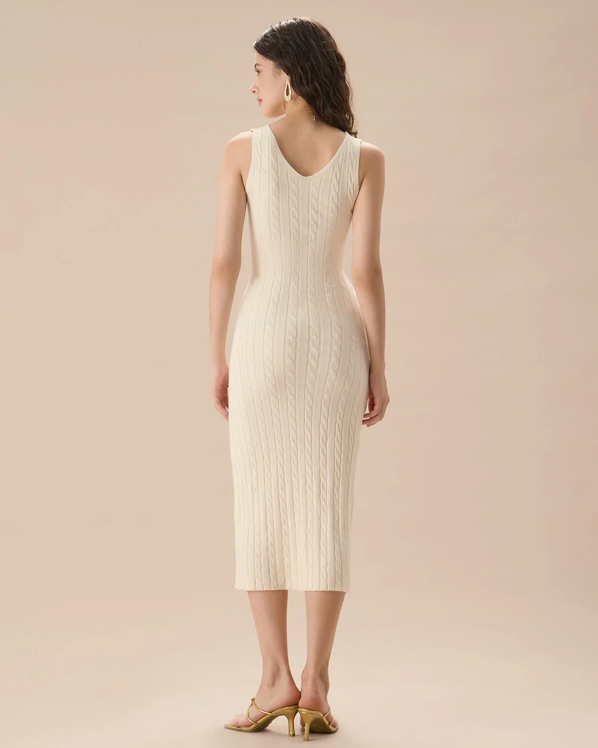 Women's Beige Ribbed Knit Bodycon Sweater Dress