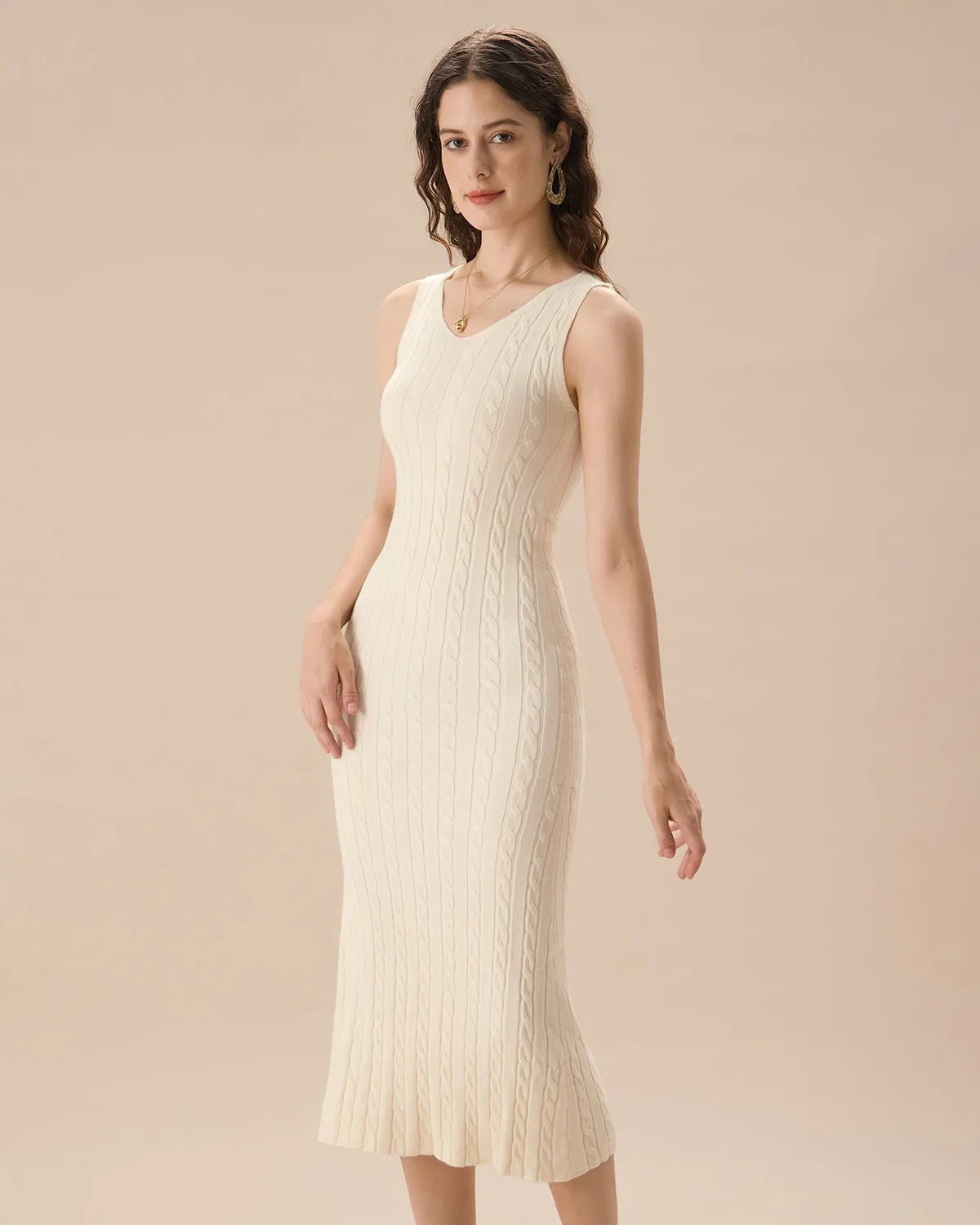 Women's Beige Ribbed Knit Bodycon Sweater Dress