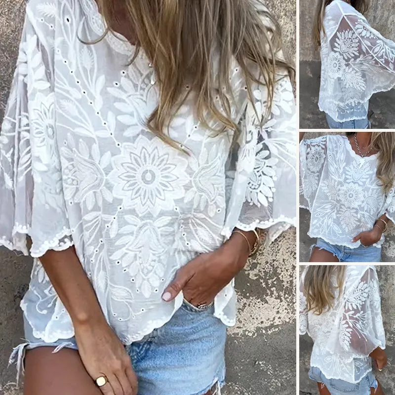 Womens Boho Chic Sheer Lace Embroidered BlouseLimited time offer