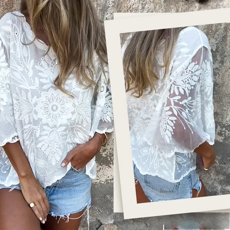 Womens Boho Chic Sheer Lace Embroidered BlouseLimited time offer