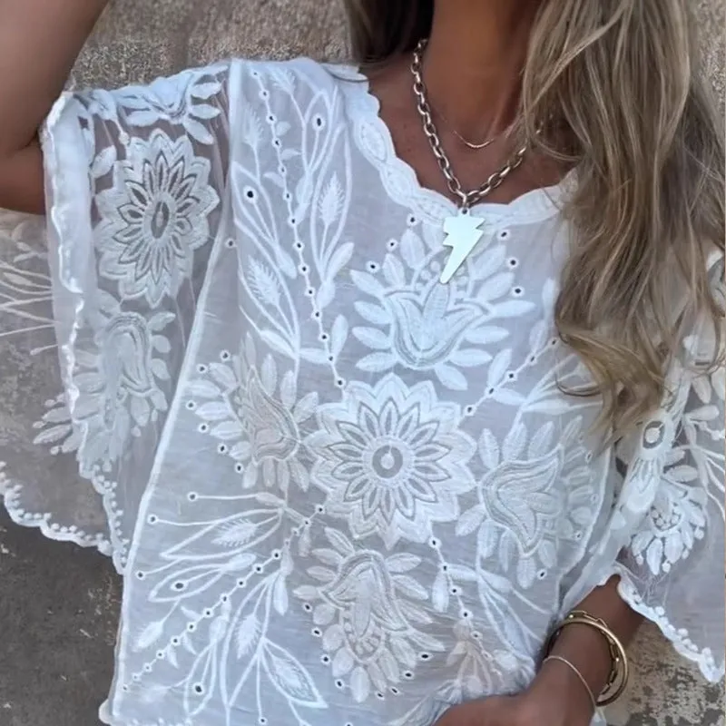 Womens Boho Chic Sheer Lace Embroidered BlouseLimited time offer