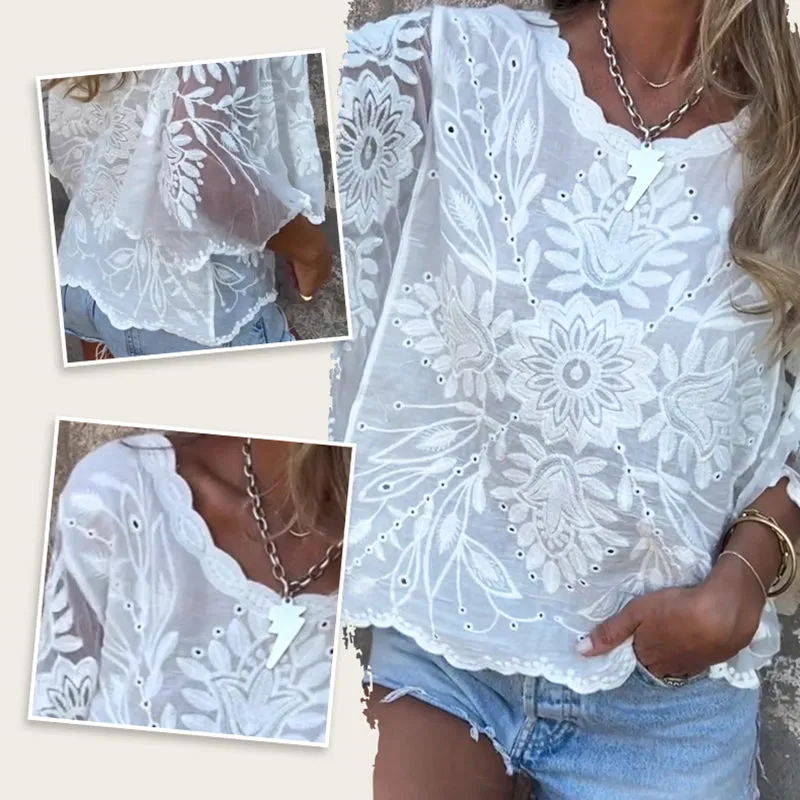 Womens Boho Chic Sheer Lace Embroidered BlouseLimited time offer